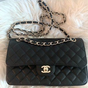 New Chanel Classic Double Flap Bag Quilted Caviar- black and gold